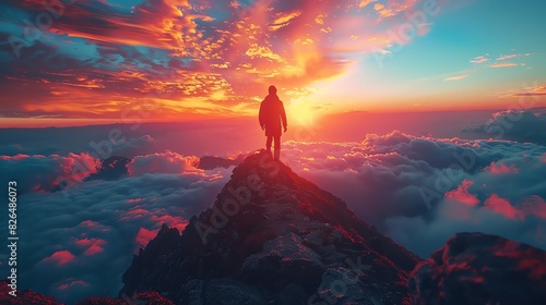 A lone hiker stands on a mountain peak at sunset, surrounded by dramatic clouds and vibrant colors.