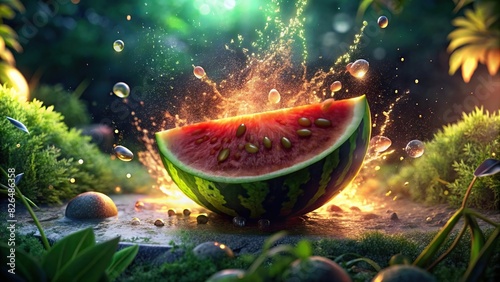 Fresh watermelon slice splashing in a garden background with water splashes, close-up shot with a glowing effect