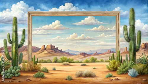 Desert landscape with a blank frame for copy space, painted in watercolor style