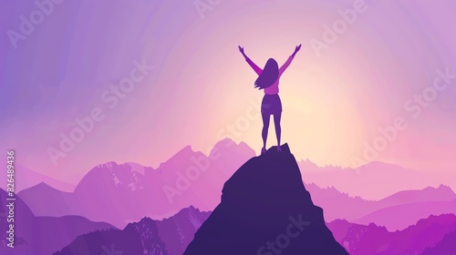 Silhouette of a woman standing on a mountain peak with arms raised, celebrating success and freedom at sunrise.