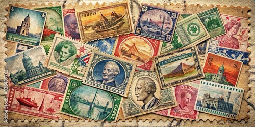 Vintage postage stamp collage on aged paper background with watercolor accents