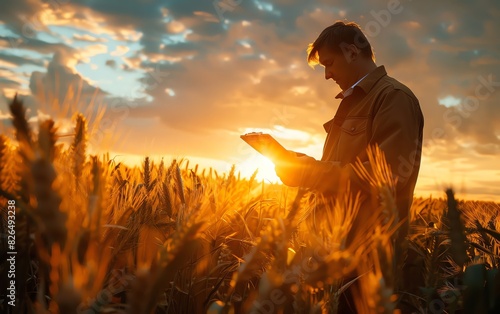 A farmer stands in a wheat field at sunset, examining his crops with a serene and thoughtful expression as the sky glows with warm colors.