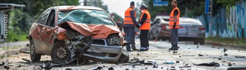 A car accident scene with insurance representatives assisting clients