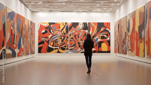 person standing in an art gallery looking at a collection of abstract paintings with bright colors