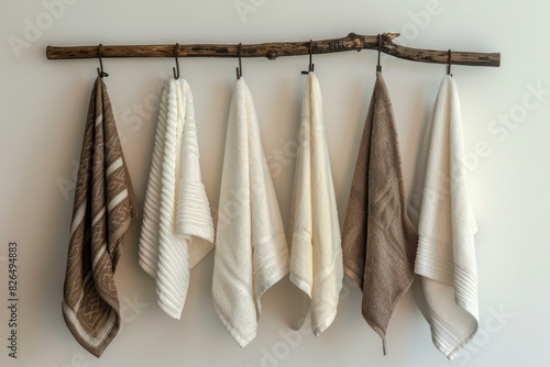 Elegant bathroom towels in neutral colors displayed on a rustic wooden hanger against a light wall