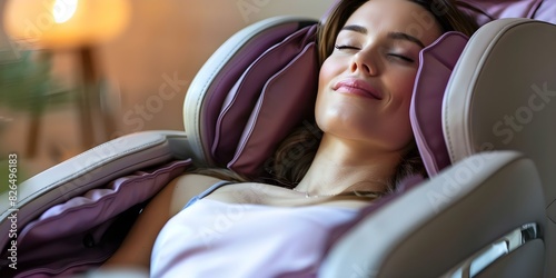 A professional woman blissfully naps in a massage chair in home setting. Concept Relaxing at Home, Professional Woman, Blissful Nap, Massage Chair, Self-Care