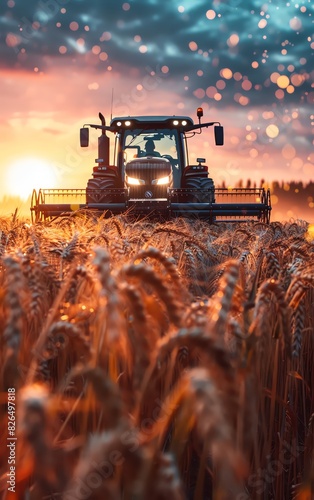Farmer operating a tractor in a golden wheat field at sunset, portraying hard work and harvest season in a picturesque rural landscape.