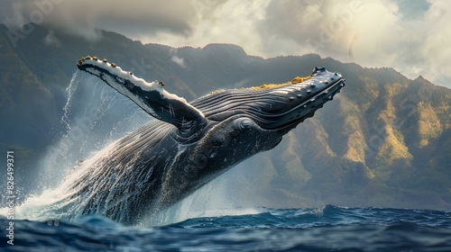 A majestic humpback whale breaching the surface in a display of raw power and grace, its immense size a testament to the awe-inspiring wonders of the ocean.