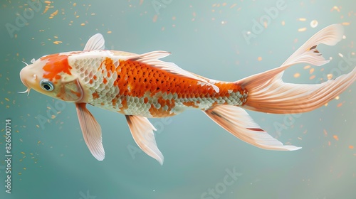 An orange and white koi fish swims gracefully in a clear pond. The fish is surrounded by soft light, and the water is crystal clear.