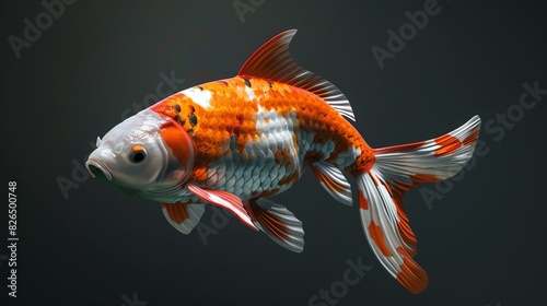 3D illustration of a beautiful koi fish with white, red, and orange scales.