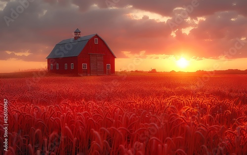 Scenic sunset over barn and wheat field. Vibrant colors create a picturesque rural landscape perfect for nature, farm, or country-themed content.