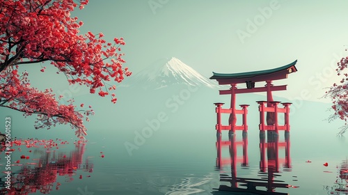 Tranquil morning at the Japanese shrine. The still water reflects the pink petals of the cherry blossom and the majestic Mount Fuji in the distance.