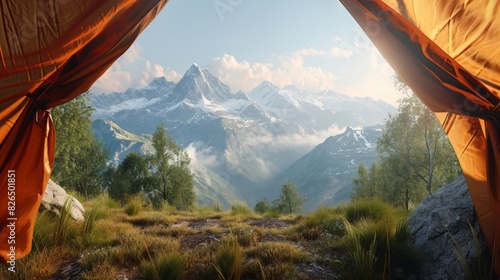 View of the mountains from a camping tent. Outdoor adventure and summer concept, nature landscape
