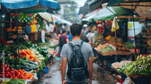 Urban Explorer in Casual Attire Enjoying a Colorful Market Stroll under Bright Sunlight - Horizontal Shot