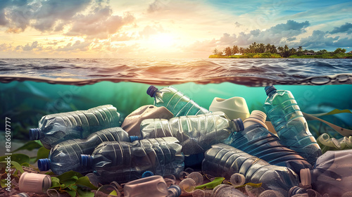Plastic water bottles and debris polluting ocean waters near a tropical island at sunset