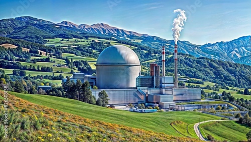 A small modular reactor (SMR) with a dome and cooling towers emitting steam, situated in a picturesque valley surrounded by mountains and lush green fields.