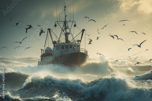 The impact of weather on fishing, Figure in red, Seabirds accompany a fishing trawler riding massive waves, sun piercing through clouds, creating a scene of wild, natural drama.