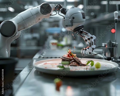 A robotic chef artfully prepares a delectable dish, garnishing it with precision. The future of fine dining, where culinary expertise meets automation.