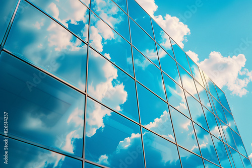 オフィスビルディングの窓に反射する青空と雲