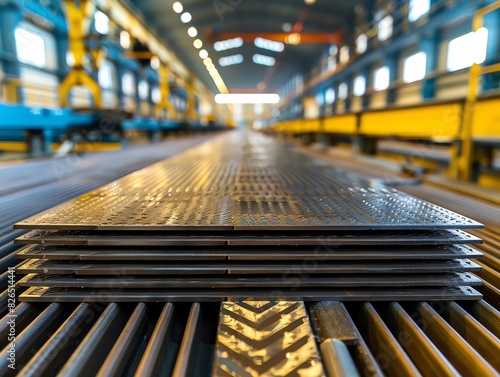 Detailed photograph of metal plates, high resolution, industrial environment, production line, sharp textures