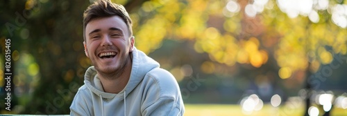 A young man in a plain hoodie sitting on a bench, laughing joyfully