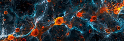 Darkfield microscopy image of fluorescently labeled bacteria in orange and blue shades against a black background
