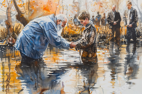 A man baptizes a young boy in a shallow river, surrounded by onlookers. The scene evokes a sense of faith and tradition.