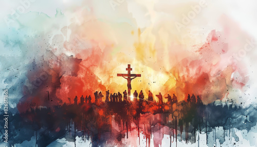 A watercolor painting of a cross with a figure on it, silhouetted against a fiery sunset with a crowd of people watching.