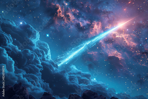 Artistic rendering of a comet shaped like a sunbeam, streaking across a sky filled with cosmic clouds,