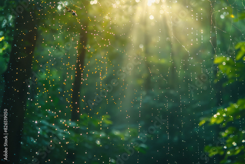 Scene of a sunlit forest glade, with the image of the forest mirrored in tiny dewdrops hanging from a delicate web,