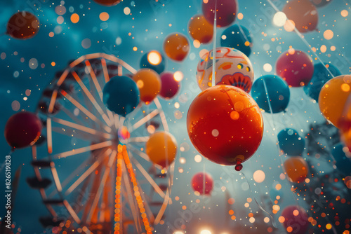 Illustration of a carnival scene with rectangular Ferris wheels and circular balloons, creating an abstract, festive atmosphere,