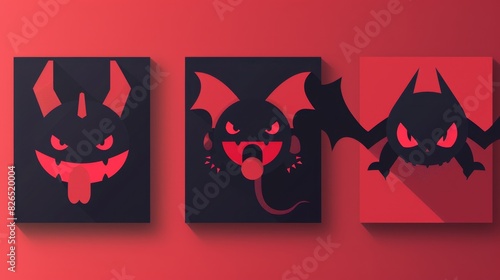 Three stylized, cartoonish bat characters displayed on three separate panels against a red background. Each bat has a unique expression and pose