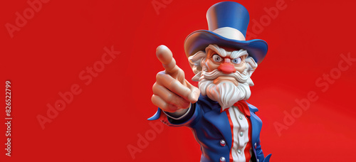 Cute Cartoon 4th of July Uncle Sam on a Red Background with Space for Copy. America. Holiday, Independence Day