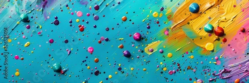 Colorful drops of water spread across a blue surface, creating a dynamic and eye-catching pattern