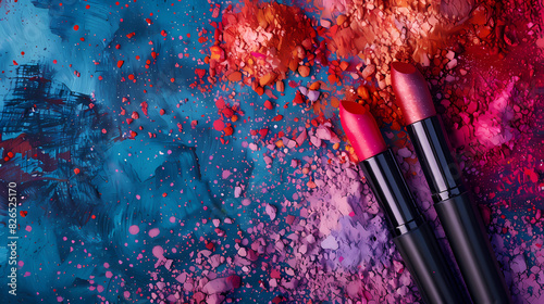 Produits de maquillage, rouge à lèvres, fond de teint, disposés en forme d'explosion sur un fond de couleurs vives avec des nuances de bleu, de rouge, d'orange et de violet, espace pour texte.