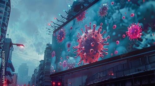 Digital Art of Virus Attacking Human Cells Displayed on Large Urban Billboard - Medical Awareness and Health Concept