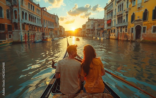 Couple enjoying a romantic gondola ride in Venice at sunset