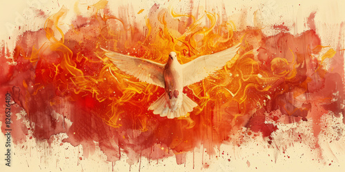 A digital watercolor painting portraying the Holy Spirit of the New Testament in the form of a winged dove amidst flames, offering space for additional content.