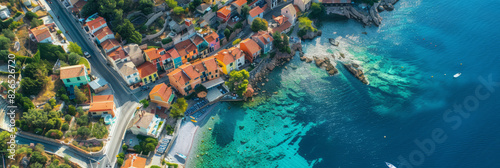 a drone view of a coastal town with colorful houses, winding streets, and clear blue water