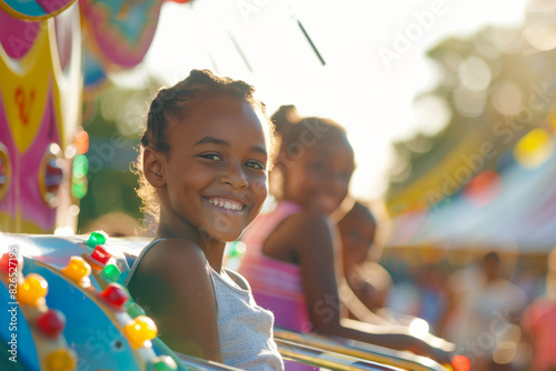 a family enjoying a sunny day at a local fair, with rides, games, and happy faces, highlighting fun outings and family bonding.