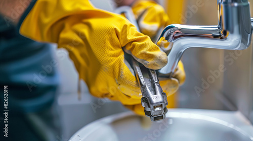 Professional plumber fixing a bathroom sink drain using water pump pliers