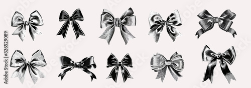 Bow ribbons with vintage stipple effect, y2k collage design. Monochrome photocopy effect retro design elements. Vector illustration for grunge gothic surreal poster 