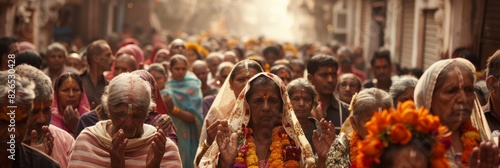 A candid shot of a religious procession with a large crowd of people walking down the street, showcasing diverse emotions and expressions