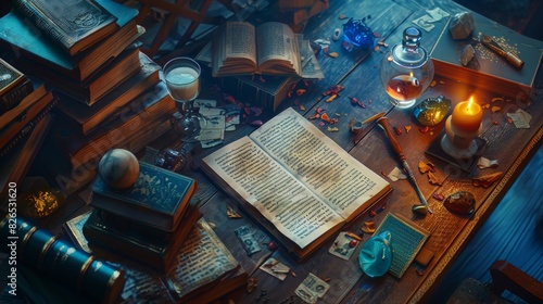 A cluttered wooden table covered in old books, potions, a spyglass, and other mysterious objects.