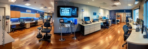 Room in modern orthopedic clinic filled with desks and computers showcasing state-of-the-art equipment and technology for diagnosing and treating ODLDX