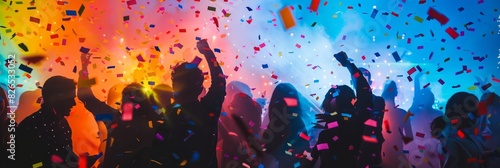 Collection of individuals standing close together amidst falling confetti