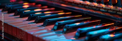 Detailed close up of a piano keyboard with many keys in focus, emphasizing the intricate design and structure of the instrument