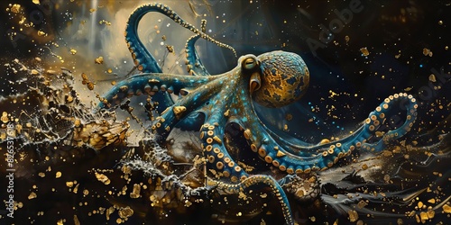 Blue and Gold Octopus Floating In Oil Water
