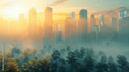 Futuristic towers expanding skyward with small trees close up, focus on, copy space Radiant urban skyline Double exposure silhouette with sustainability