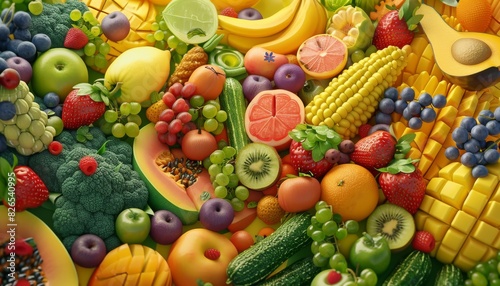 A vibrant assortment of fresh fruits and vegetables, including apples, bananas, corn, and broccoli, arranged in a colorful and appetizing display.